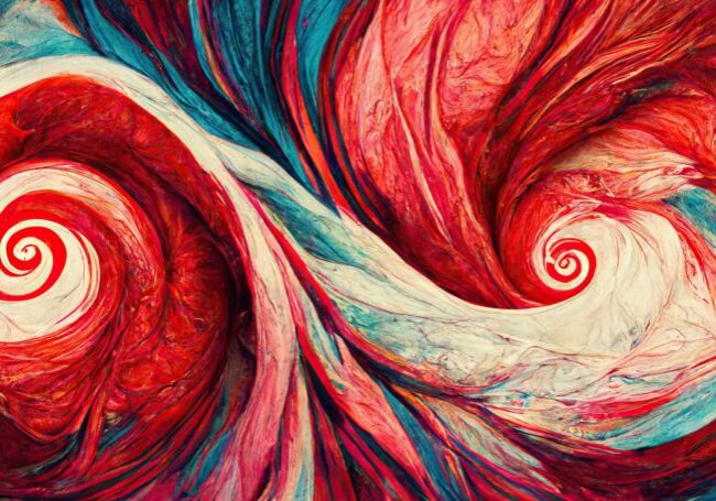 Spiraling vortex of dried multi color acrylic paint, mostly red,