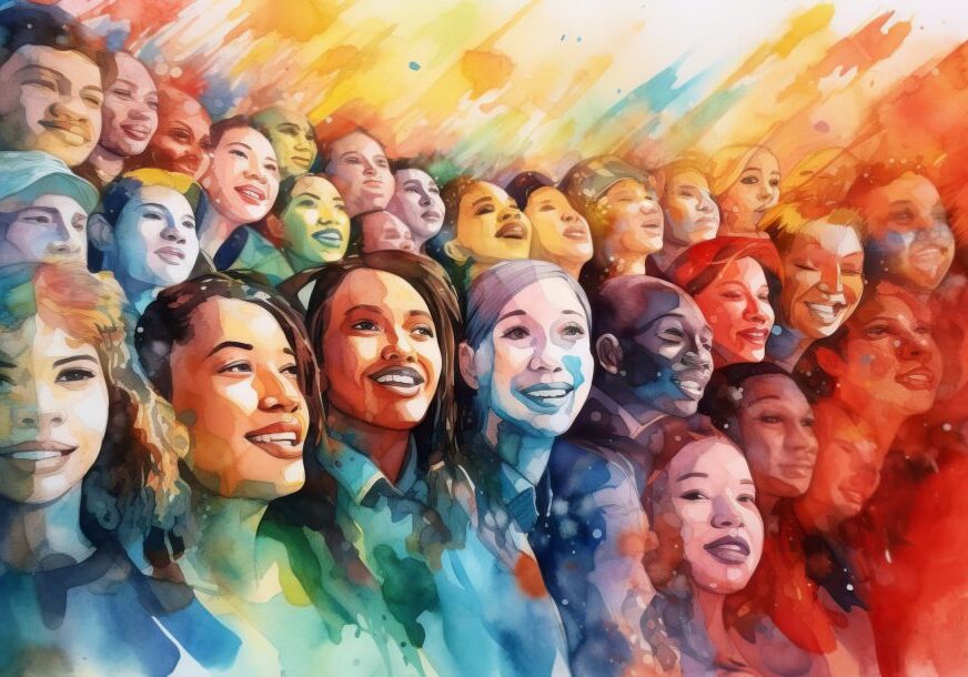 Watercolor Diversity,  All Faces Matter.  Embracing Diversity and Inclusion through a Vibrant Watercolor Painting of Humanity.  Generative Ai