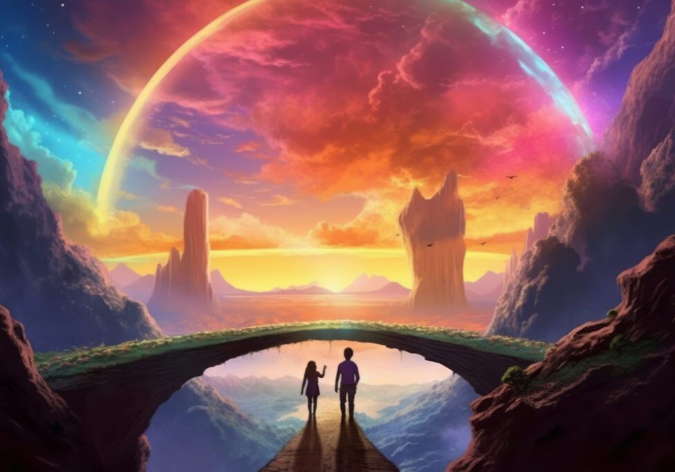 Couple walking on a surreal rainbow bridge, with vibrant colors radiating from their footsteps, symbolizing the journey of love and the shared adventures that await. Generative Ai
