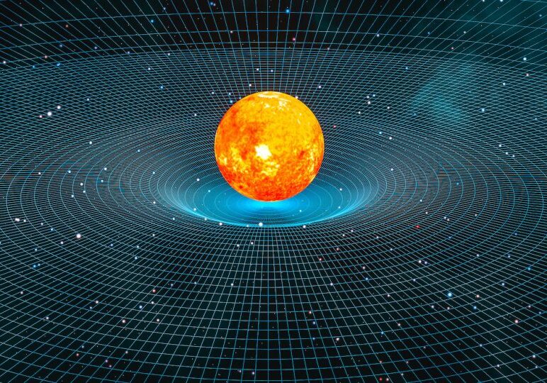 Sun-like star creating gravitational waves in space-time continuum 3d rendering