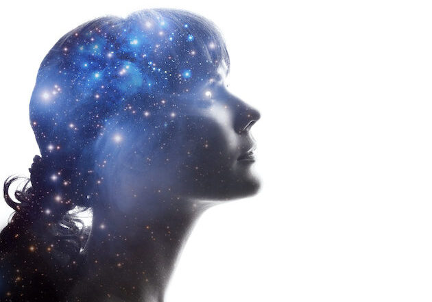 Profile of a woman with the cosmos as a brain. The scientific concept. The brain and creativity. Elements of this image furnished by NASA.